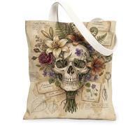 Borsa tote in tela con teschio per donna, borse per la spesa riutilizzabili, vintage, artistiche, con fiori e foglie autunnali, dai colori terrosi, lavabili e adatte a familiari e colleghi, ideali pe