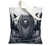 Borsa tote in tela con teschio, stile gotico, 33 x 38 cm | Cimitero della foresta gotica, dettaglio dell'emblema del teschio, estetica romantica scura, trama del tessuto simile al lino