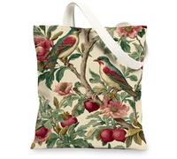 Borsa tote in tela con uccelli e fiori, motivo botanico vintage, ecologica, leggera e lavabile, con tracolla per viaggi, spiaggia, picnic, 33 x 38 cm
