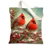 Borsa tote in tela con uccelli invernali, design rustico, leggera, lavabile, riutilizzabile, per viaggi, spiaggia, picnic, Rosso, 13x15 Inch