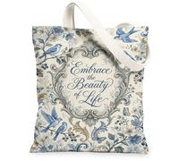 Borsa tote in tela con uccellini da donna, vintage, floreale, farfalla, primavera, blu, lavabile, riutilizzabile, borsa tote per mercato idee per Tra, Blu, 13x15 Inch