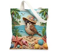 Borsa tote in tela con uccello passero per lo shopping, 33 x 38 cm, in rilievo costiero, conchiglie da spiaggia, borsa della spesa riutilizzabile per donne, motivo viaggio tropicale, decorazione