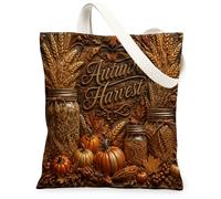 Borsa tote in tela con zucca, da donna, autunnale, rustica, grano e mais, marrone, lavabile, riutilizzabile, idea per la famiglia F