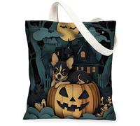 Borsa tote in tela con zucca, da donna, con cane fantasioso di Halloween, casa stregata, Halloween, nera, lavabile, riutilizzabile, idea per viaggi, lavoro, shopping, libreria, 33 x 38 cm