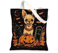 Borsa tote in tela con zucca, da donna, con chihuahua e lapide fantasiosa di Halloween, lavabile, riutilizzabile, estetica, idea per familiari, amici, colleghi, lettura di amori, 33 x 38 cm