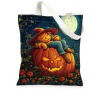 Borsa tote in tela con zucca, da donna, con fantasioso spaventapasseri e luna di Halloween, lavabile, riutilizzabile, idea per viaggi, attività all'aperto, giornata lavorativa, lettura, 33 x 38 cm