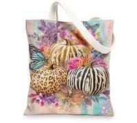 Borsa tote in tela con zucca, design floreale colorato, borsa per la spesa riutilizzabile, elegante artistica, leggera, lavabile, borsa in tela per viaggi, all'aperto, spiaggia, 33 x 38 cm