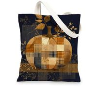 Borsa tote in tela con zucca, design patchwork vintage, leggera, lavabile, per shopping, spiaggia, viaggi all'aperto, Navy, 13x15 Inch