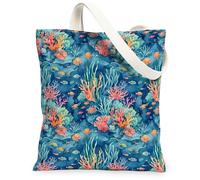 Borsa tote in tela corallo per donne, oceano tropicale pesce alghe estate blu lavabile riutilizzabile borse della spesa idee per lo shopping, Blu, 13x15 Inch