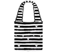 Borsa tote in tela da donna, a righe bianche e nere, con cuori di San Valentino, riutilizzabile, borsa tote per la spesa, shopping e lavoro, Multicolore 04, 14.1x14.9in/36x38cm