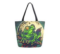Borsa tote in tela da donna, borsa a tracolla grande casual vintage Green Frog Moon Borsa per la spesa Borse per la spesa