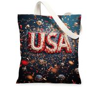 Borsa tote in tela da donna, borsa per la spesa, lavabile, riutilizzabile, con stelle, coriandoli e coriandoli per il giorno dell'indipendenza, colore: rosso, Rosso, 13x15 Inch