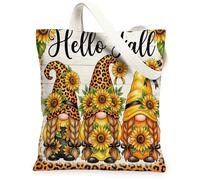 Borsa tote in tela da donna, borsa per la spesa riutilizzabile lavabile con stampa leopardata gnomo autunnale giallo autunnale per Shoppi, Giallo, 13x15 Inch
