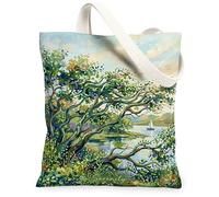 Borsa tote in tela da donna, con albero e barca a vela con acqua serena, verde primavera, lavabile, riutilizzabile, borsa per la spesa, idea per viaggi all'aperto, giornata lavorativa, lettura, 33 x