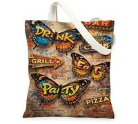 Borsa tote in tela da donna, con farfalle, vivace e festiva, per mangiare bevande estive blu, lavabile, riutilizzabile, per shopping, brunch, parco, biblioteca, gite di un giorno, 33 x 38 cm
