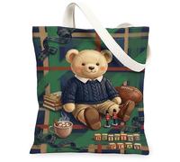Borsa tote in tela da donna, con motivo orso, per libri, calcio, autunno, verde, lavabile, riutilizzabile, idea per viaggi, attività all'aperto, giornata lavorativa, lettura, 33 x 38 cm