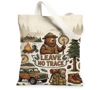 Borsa tote in tela da donna, con orso e bussola, montagne, estate, marrone, lavabile, riutilizzabile, per shopping, brunch, parco, biblioteca, gite di un giorno, 33 x 38 cm