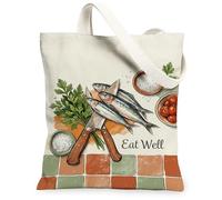 Borsa tote in tela da donna, con pesce, rustico, coltello, pomodori, verde, lavabile, riutilizzabile, idea per shopping, viaggi, ufficio, biblioteca, casual, 33 x 38 cm