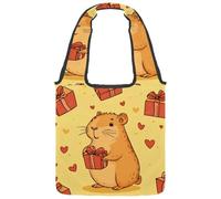 Borsa tote in tela da donna, con simpatico motivo capibara con motivo cartoni animati, con regalo e cuori rossi, borsa a tracolla riutilizzabile per la spesa, shopping e lavoro, Multicolore 01