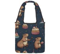 Borsa tote in tela da donna, con simpatico motivo capibara con motivo cartoni animati, con regalo e cuori rossi, borsa a tracolla riutilizzabile per la spesa, shopping e lavoro, Multicolore 07