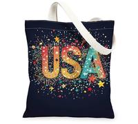 Borsa tote in tela da donna, con stelle vivaci e vivaci fuochi d'artificio per il giorno dell'indipendenza blu navy, lavabile, riutilizzabile, borsa tote bag, Blu navy, 13x15 Inch