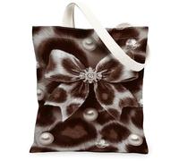 Borsa tote in tela da donna, elegante e chic con stampa leopardata e perle, nessuna marrone, lavabile, riutilizzabile, per shopping, brunch, parco, biblioteca, gite di un giorno, 33 x 38 cm