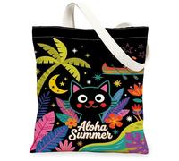 Borsa tote in tela da donna, estiva, tropicale, palma, stelle, estate, nera, lavabile, riutilizzabile, per tutti i giorni, ideale per viaggi, attività all'aperto, giornata lavorativa, lettura, 33 x 38