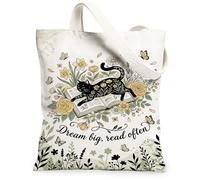 Borsa tote in tela da donna, fantasiosa botanica fiori farfalle primavera nera lavabile riutilizzabile mercato borsa idee per familiari, amici, colleghi, lettura amori, 33 x 38 cm