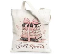 Borsa tote in tela da donna, fantasiosa, con fiocco e stelle, nessuna pesca, lavabile, riutilizzabile, estetica, per shopping, brunch, parco, biblioteca, gite di un giorno, 33 x 38 cm