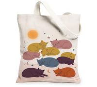 Borsa tote in tela da donna, fantasiosa e minimalista con luna e stelle, beige, lavabile, riutilizzabile, per tutti i giorni, Beige, 13x15 Inch