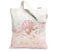 Borsa tote in tela da donna, fantasiosa ed elegante fiocco con perle, pesca estiva, lavabile, riutilizzabile, per shopping, brunch parco, biblioteca, gite di un giorno, 33 x 38 cm