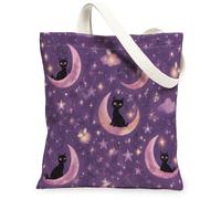 Borsa tote in tela da donna, fantasiosa luna, stella, Halloween, viola, lavabile, riutilizzabile, per tutti i giorni, idea per Tr, Viola, 13x15 Inch