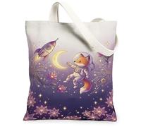 Borsa tote in tela da donna, fantasiosa razzo spaziale, luna, viola, lavabile, riutilizzabile, piccola, idea per viaggi, lavoro, shopping, libreria, 33 x 38 cm