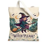Borsa tote in tela da donna, fantasiosa scopa, luna, Halloween, viola, per tutti i giorni, idee per viaggi, attività all'aperto, giornata lavorativa, lettura, 33 x 38 cm