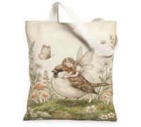 Borsa tote in tela da donna, fantasiosa uccellino, farfalla, primavera, verde pastello, lavabile, riutilizzabile, borsa per la spesa, idea per viaggi all'aperto, giornata lavorativa, lettura, 33 x 38