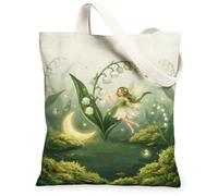 Borsa tote in tela da donna, fantasiosi gigli della valle, luna, primavera, verde, lavabile, riutilizzabile, piccola borsa tote idea per familiari, amici, colleghi, lettura amori, 33 x 38 cm