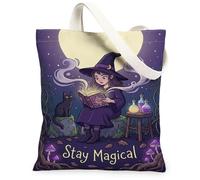 Borsa tote in tela da donna, fantasioso libro fantasioso gatto Halloween viola mercato borsa tote per shopping, brunch parco biblioteca gite di un giorno 33 x 38 cm