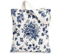 Borsa tote in tela da donna, floreale, elegante, con farfalla, edera, primavera, blu navy, lavabile, piccola, per shopping, brunch, parco, biblioteca, gite di un giorno, 33 x 38 cm