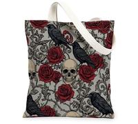 Borsa tote in tela da donna, gotico vintage, teschio di corvo, Halloween, rosso, lavabile, riutilizzabile, idea per viaggi, lavoro, shopping, libreria, 33 x 38 cm