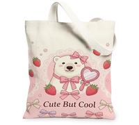 Borsa tote in tela da donna, graziosa e giocosa con fiocco di fragola, nessuna pesca, lavabile, riutilizzabile, estetica, per shopping, brunch parco, biblioteca, gite di un giorno, 33 x 38 cm