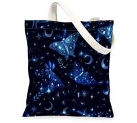 Borsa tote in tela da donna, mistica fantasiosa luna stella notte blu lavabile riutilizzabile per tutti i giorni Idee per S, Blu, 13x15 Inch