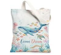 Borsa tote in tela da donna, motivo: balena, meduse subacquee, corallo, blu estivo, lavabile, riutilizzabile, per shopping, brunch park, biblioteca, gite di un giorno, 33 x 38 cm