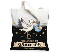 Borsa tote in tela da donna, motivo cicogna con stelle giocose e celebrative, nera, lavabile, riutilizzabile, borsa per la spesa, idea per familiari, amici, colleghi, lettura di amori, 33 x 38 cm