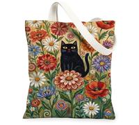 Borsa tote in tela da donna, motivo floreale, crisantemo, papavero, primavera, nera, lavabile, riutilizzabile, estetica, ideale per viaggi, attività all'aperto, giornata lavorativa, lettura, 33 x 38