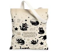 Borsa tote in tela da donna, motivo: gatto con topo fantasioso, senza stelle, nera, lavabile, riutilizzabile, idea per familiari, amici, colleghi, lettura di amori, 33 x 38 cm