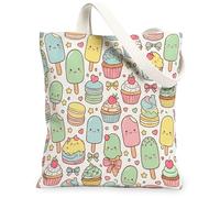 Borsa tote in tela da donna, motivo gelato con cupcake e torta, per l'estate, lavabile, riutilizzabile, per tutti i giorni, Pastello., 13x15 Inch