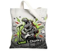 Borsa tote in tela da donna, motivo ippopotamo, con graffiti rock, microfono, chitarra, colore verde, lavabile, riutilizzabile, borsa per la spesa, idea per viaggi, attività all'aperto, giornata