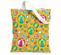 Borsa tote in tela da donna, motivo palla da spiaggia, per l'estate, giocosa, con stelle marine, colore giallo, lavabile, riutilizzabile, estetica, idea per shopping, viaggi, ufficio, biblioteca