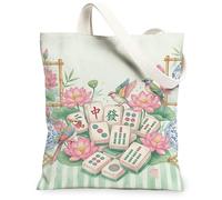 Borsa tote in tela da donna, orientale, tradizionale, mahjong, pesca, lavabile, riutilizzabile, idea per viaggi, attività all'aperto, giornata lavorativa, lettura, 33 x 38 cm