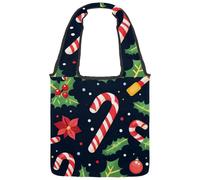 Borsa tote in tela da donna, riutilizzabile, con manico largo e motivo natalizio con bastoncini di zucchero e foglie di agrifoglio, Multicolore 03, 14.1x14.9in/36x38cm